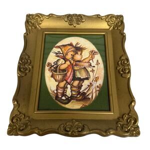 Vintage Hummel Boy Girl picking Flowers Ornate Framed Art Print Victorian Style
